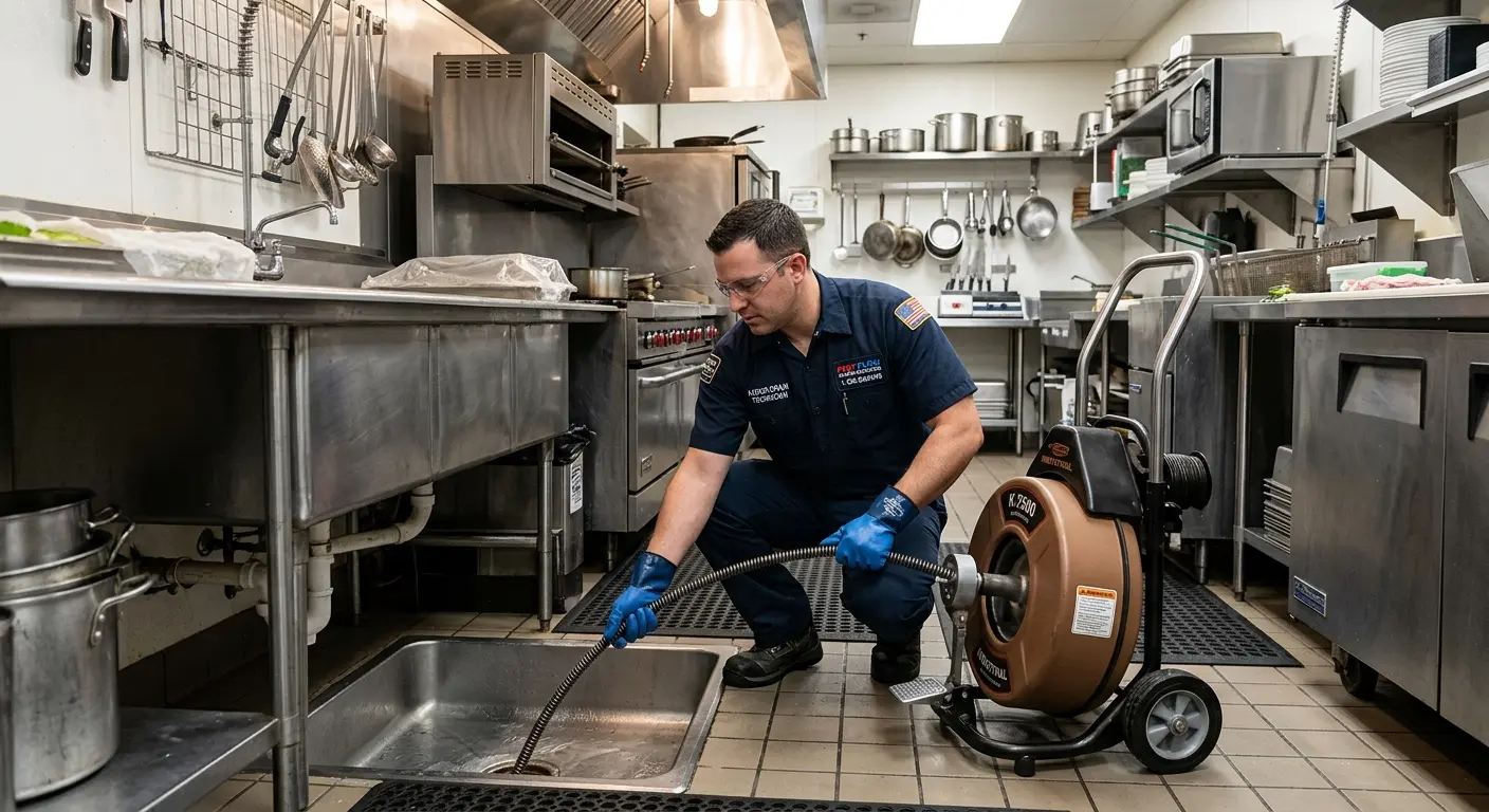 Commercial drain cleaning service in a restaurant kitchen in El Paso