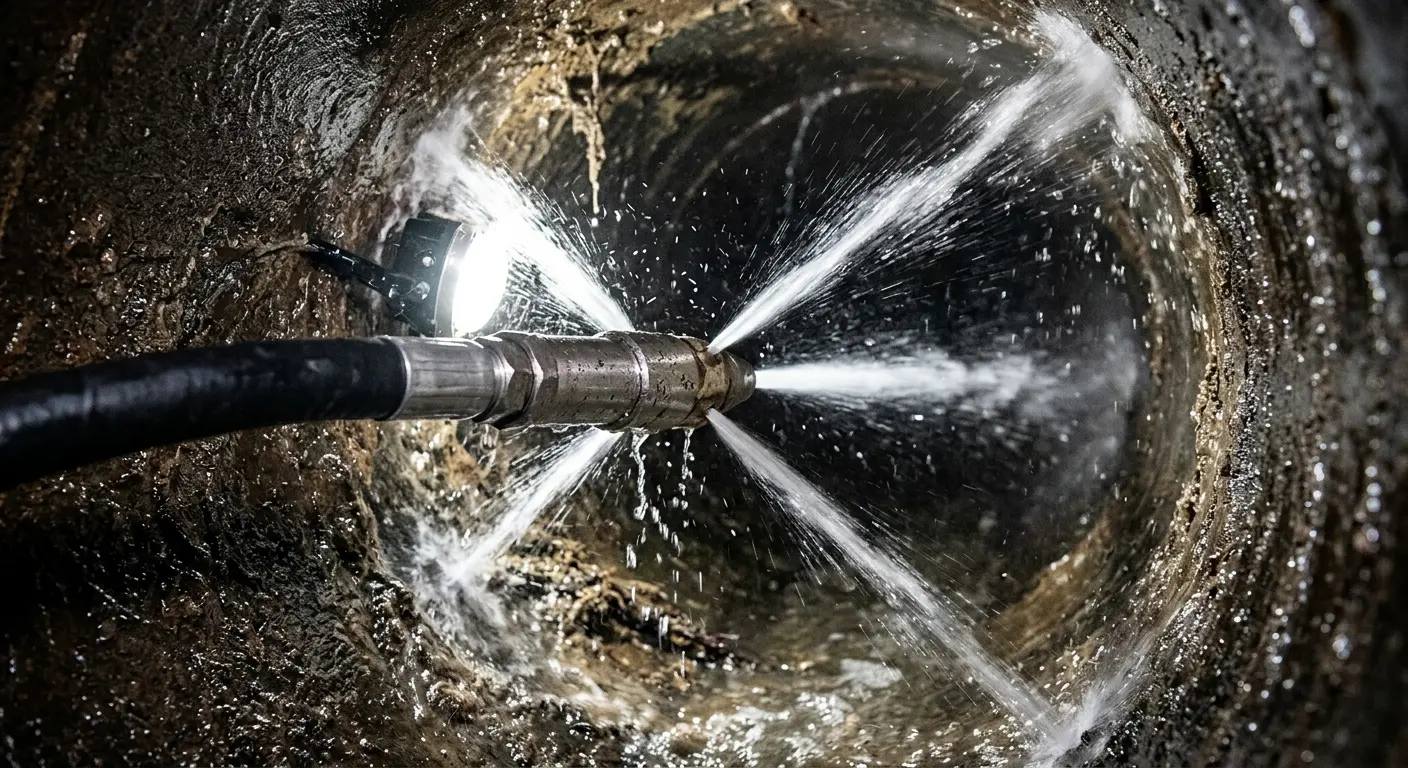 High-pressure hydro jetting nozzle cleaning sewer pipe for Emergency Drain Service in El Paso