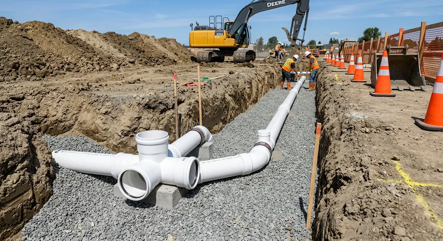 New PVC sewer pipe installation in open trench for Sewer Backup in El Paso