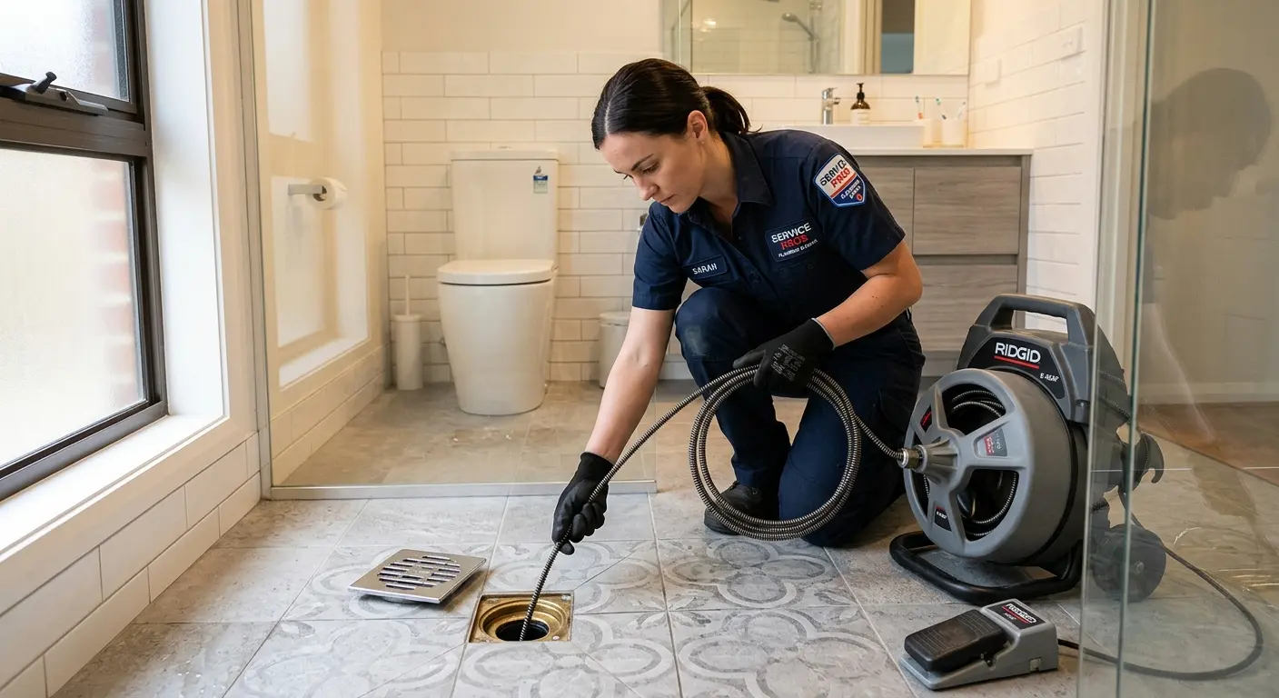 Technician clearing a bathroom floor drain for Sewer Line Replacement in El Paso
